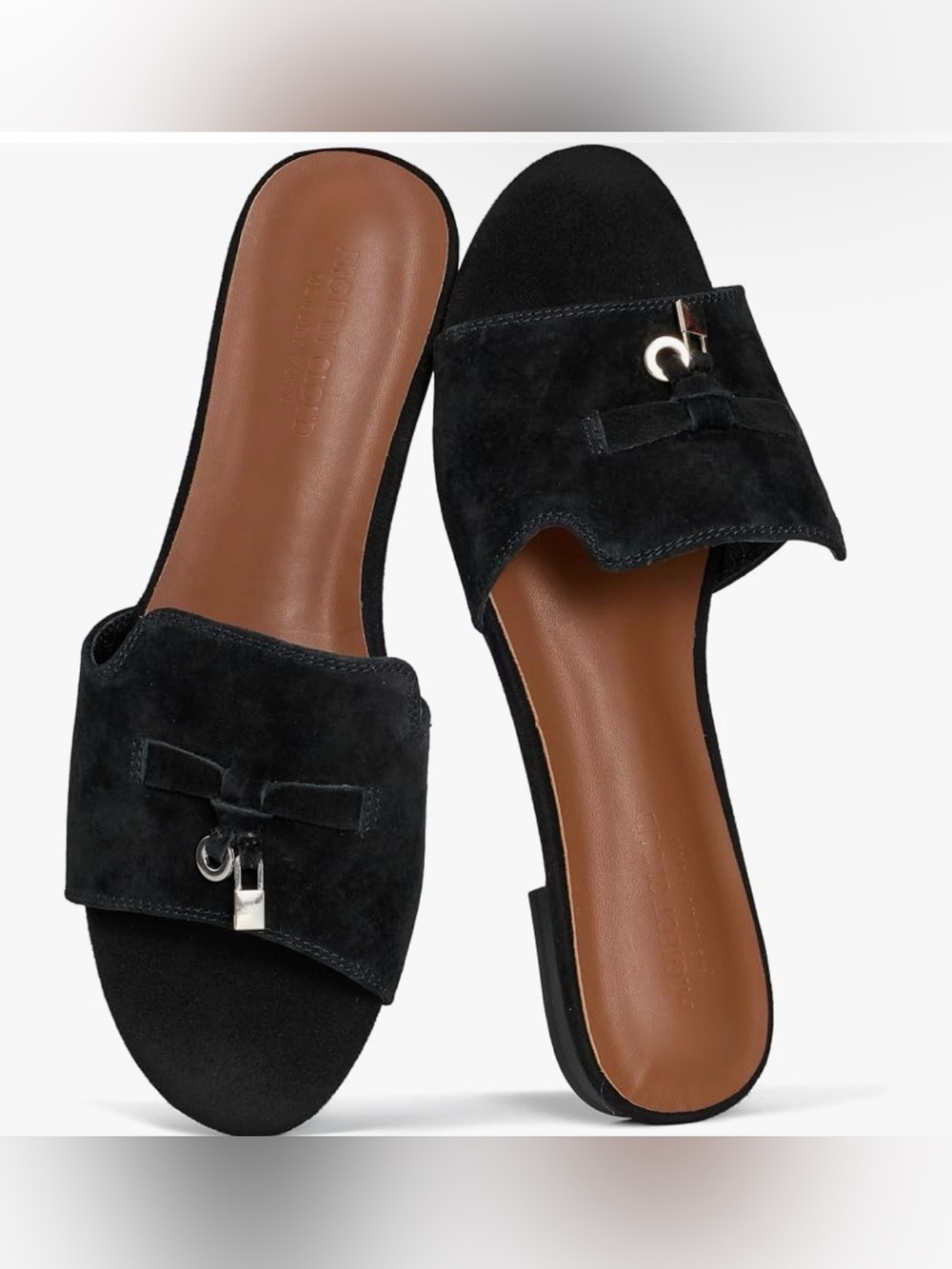 Designer- Like Black Suede Slide Sandals with Silver Accent